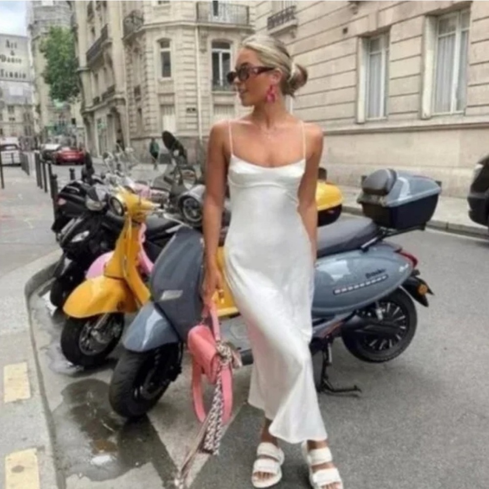 Zara Satin White Spaghetti Strap Dress